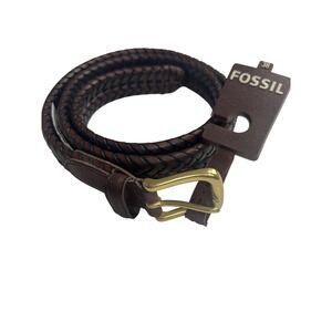 Fossil Maddox Mens Brown Braided Leather Belt Size 38 MB-3040200 Brass Buckle D2